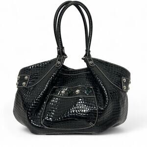 Kathy Von Zeeland Faux Patent Crocodile Shoulder Bag Y2K Rhinestone Studded Glam